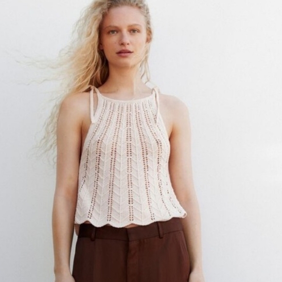 Zara Tops - 3/$25 Zara Crochet Openwork Knit Cream Cotton Halter Tank Top S